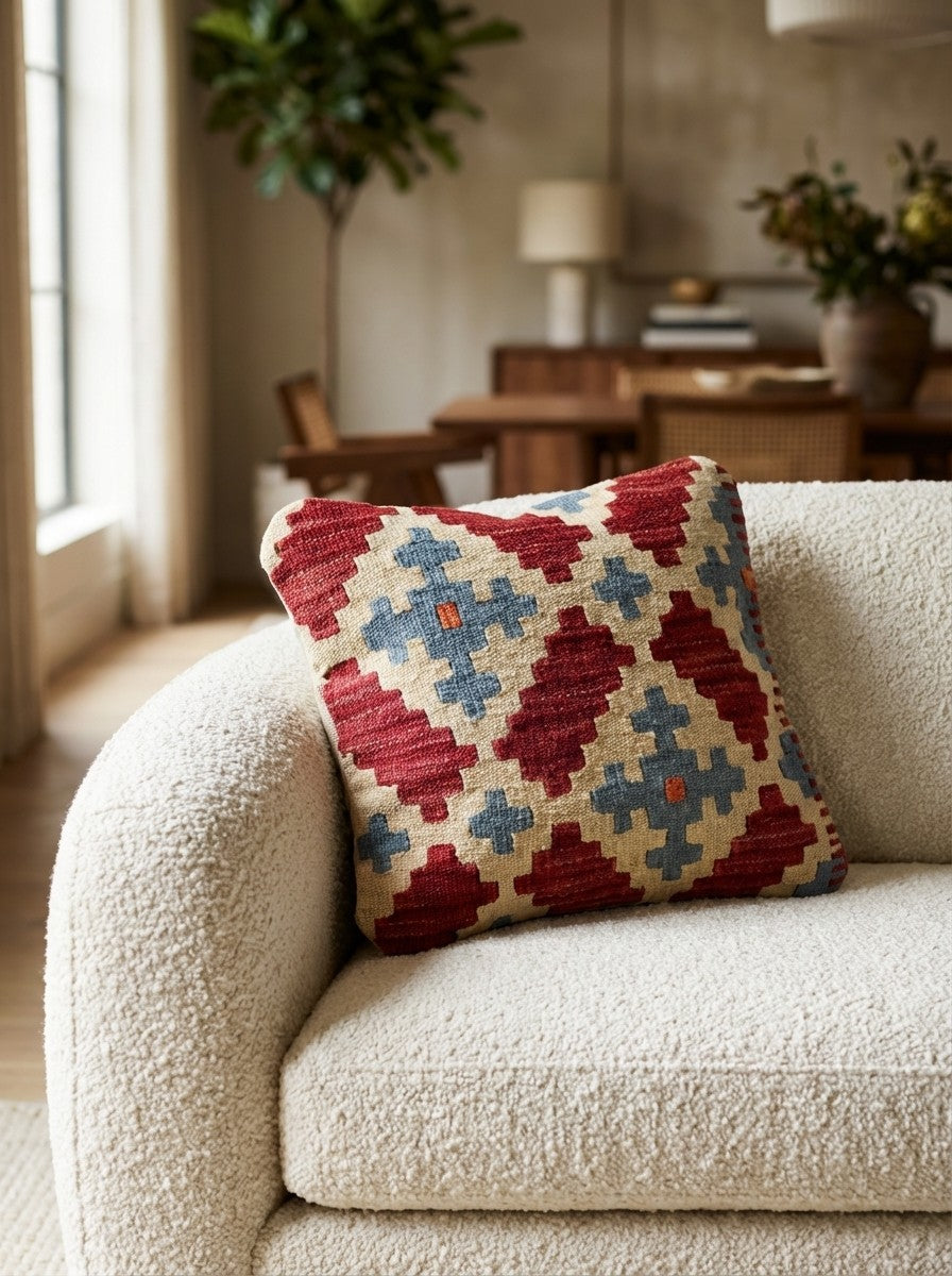 Kelim Kissen — Handmade, 40x40 cm, Multicolor, 100% Virgin Wool | Detail view