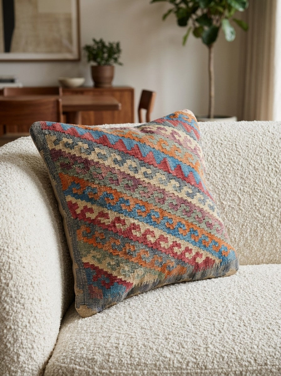 Kelim Kissen — Handmade, 50x50 cm, Multicolor, 100% Virgin Wool | Detail view