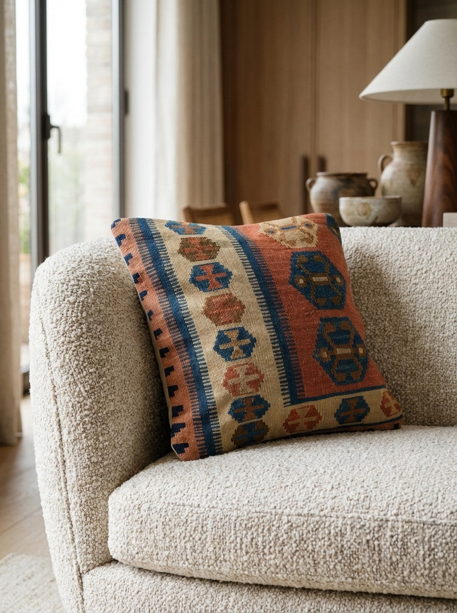 Kelim Kissen — Handmade, 50x50 cm, Multicolor, 100% Virgin Wool | Detail view