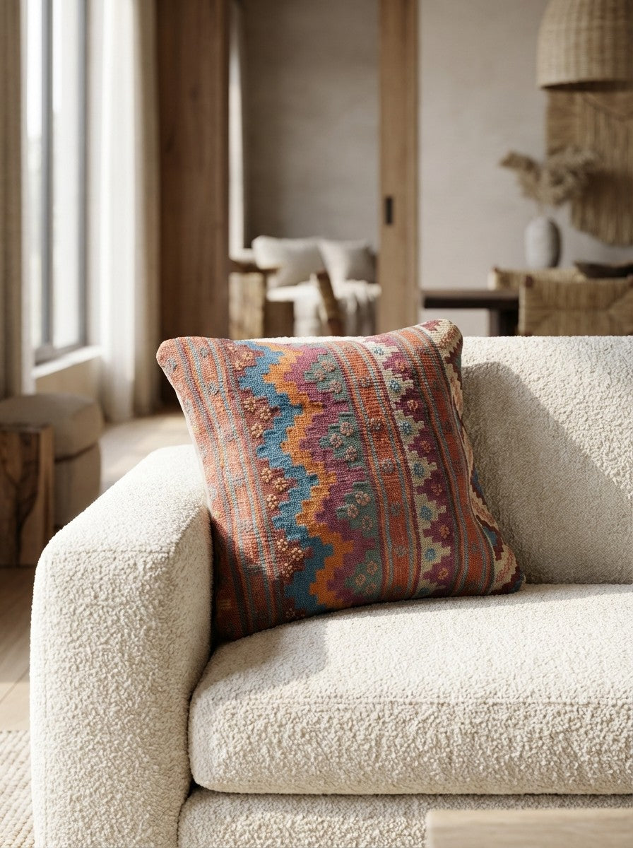 Kelim Kissen — Handmade, 50x50 cm, Multicolor, 100% Virgin Wool | Detail view