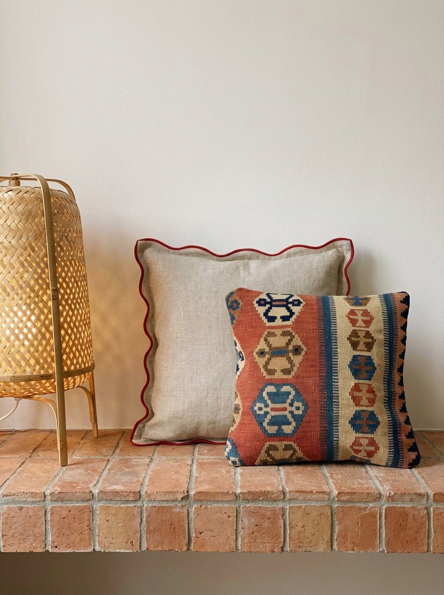 Kelim Kissen — Handgefertigt, 50x50 cm, Bunt, 100% Virgin Wool | Back view