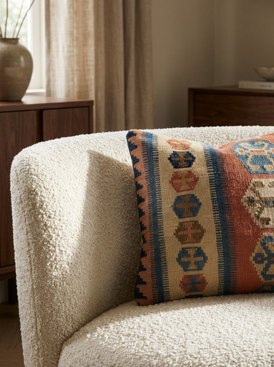 Kelim Kissen — Handmade, 50x50 cm, Multicolor, 100% Virgin Wool | Detail view