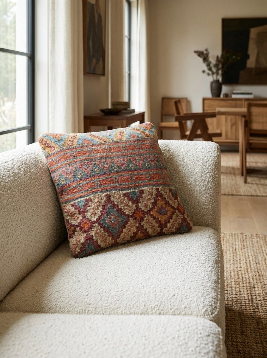 Kelim Kissen — Handmade, 50x50 cm, Multicolor, 100% Virgin Wool | Detail view