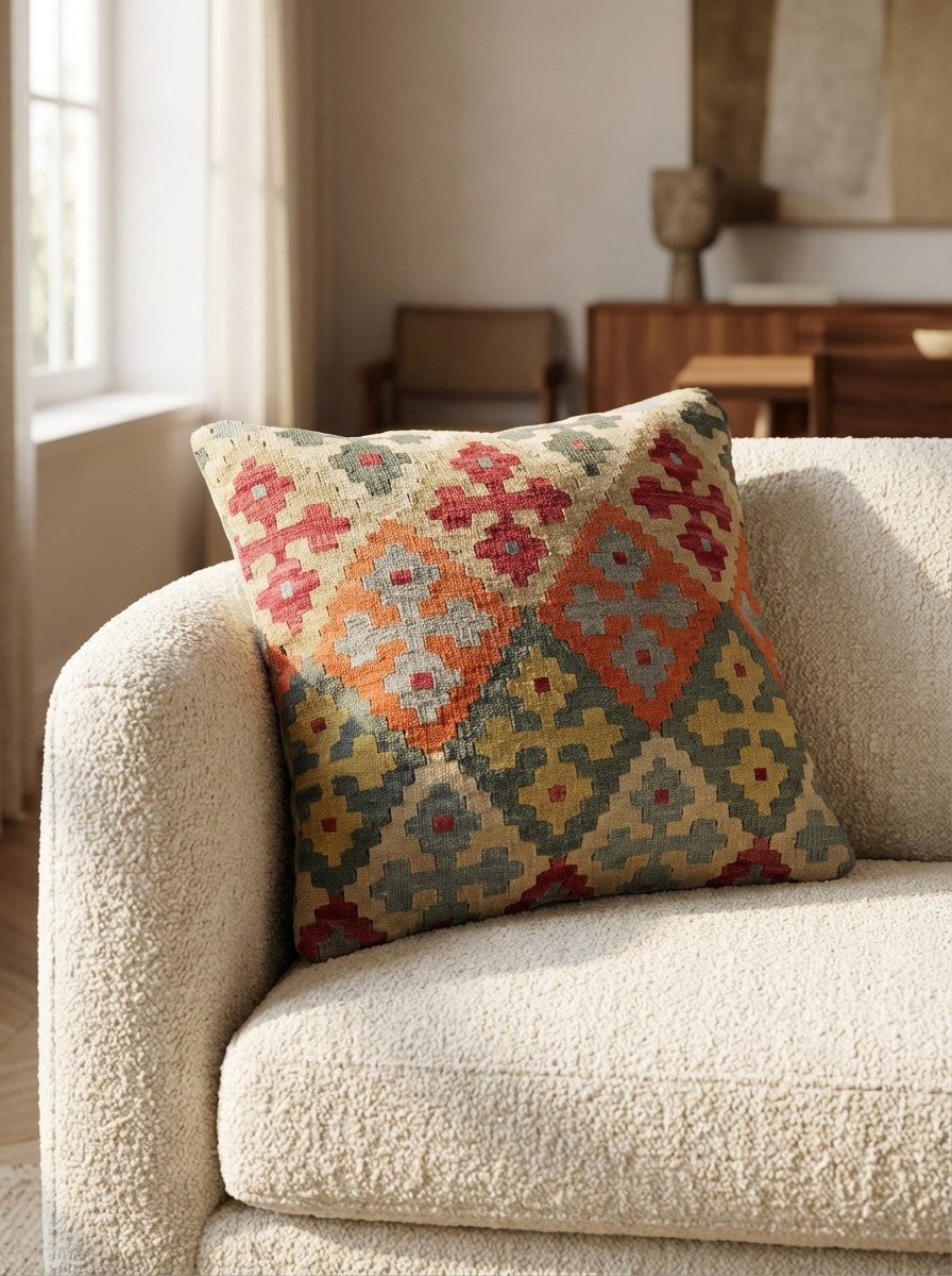Kelim Kissen — Handmade, 65x65 cm, Multicolor, 100% Virgin Wool | Detail view
