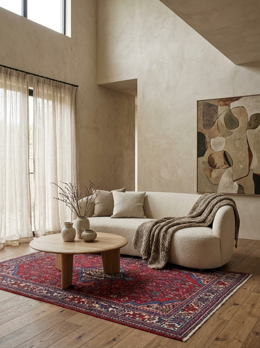 Assadabad — Hand-knotted, 133x207 cm, Red, 100% Virgin Wool | Detail view