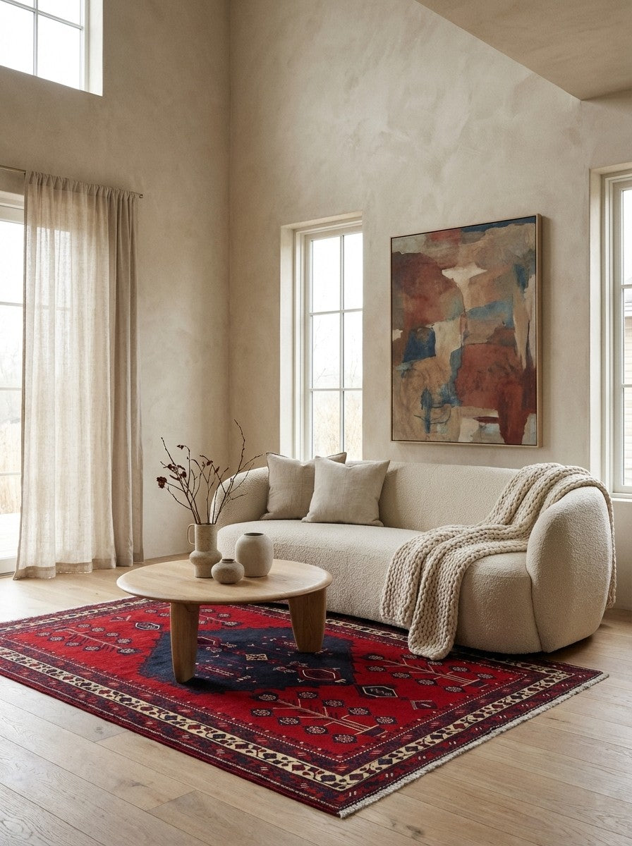 Afshar — Hand-knotted, 156x212 cm, Red, 100% Virgin Wool | Detail view