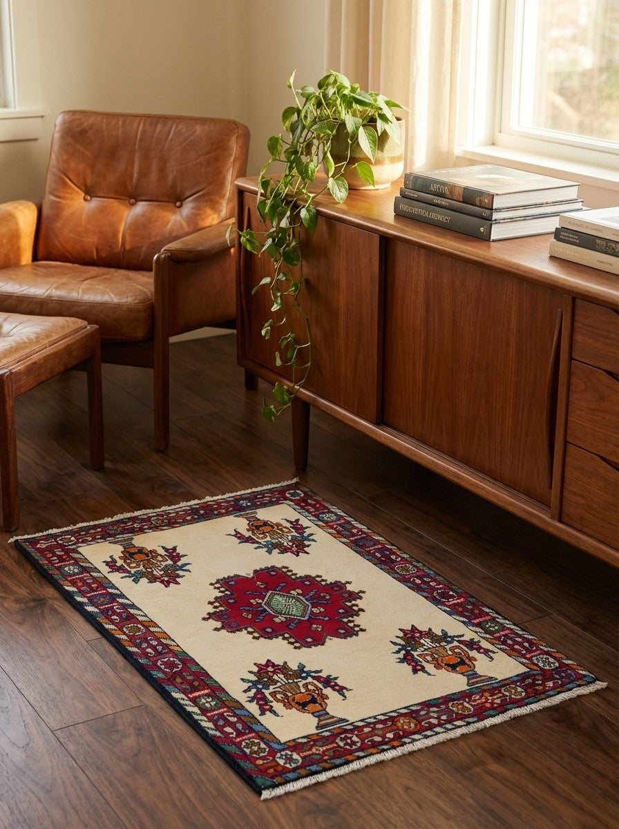 Afshar — Hand-knotted, 73x113 cm, Beige, 100% Virgin Wool | Back view