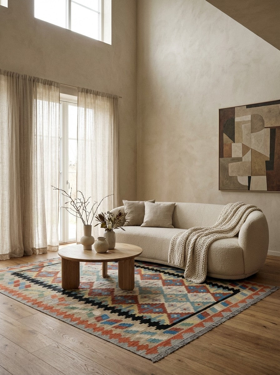 Kelim Gashgai — Handmade, 154x195 cm, Beige, 100% Virgin Wool | Detail view