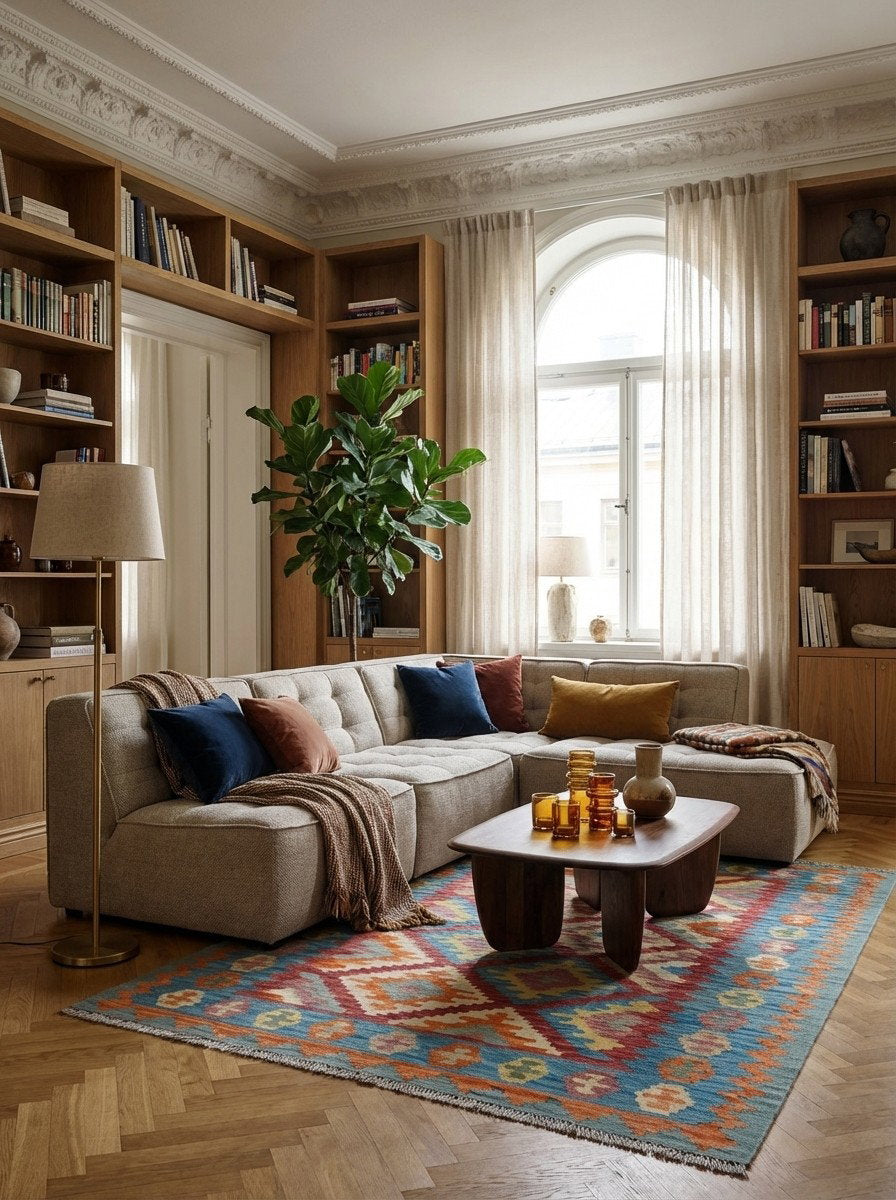 Kelim Gashgai — Handgefertigt, 184x130 cm, Blau, 100% Virgin Wool | Back view