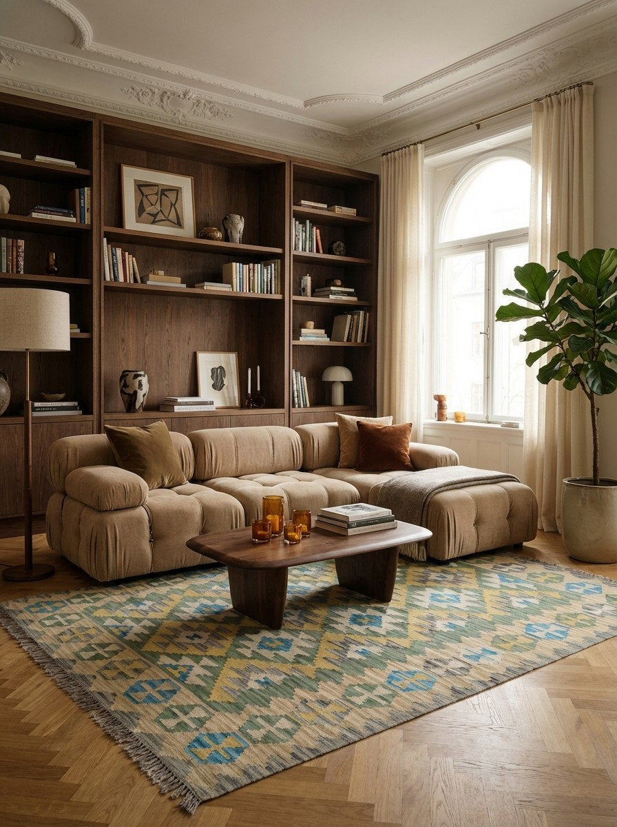 Kelim Gashgai — Handgefertigt, 231x170 cm, Beige, 100% Virgin Wool | Back view