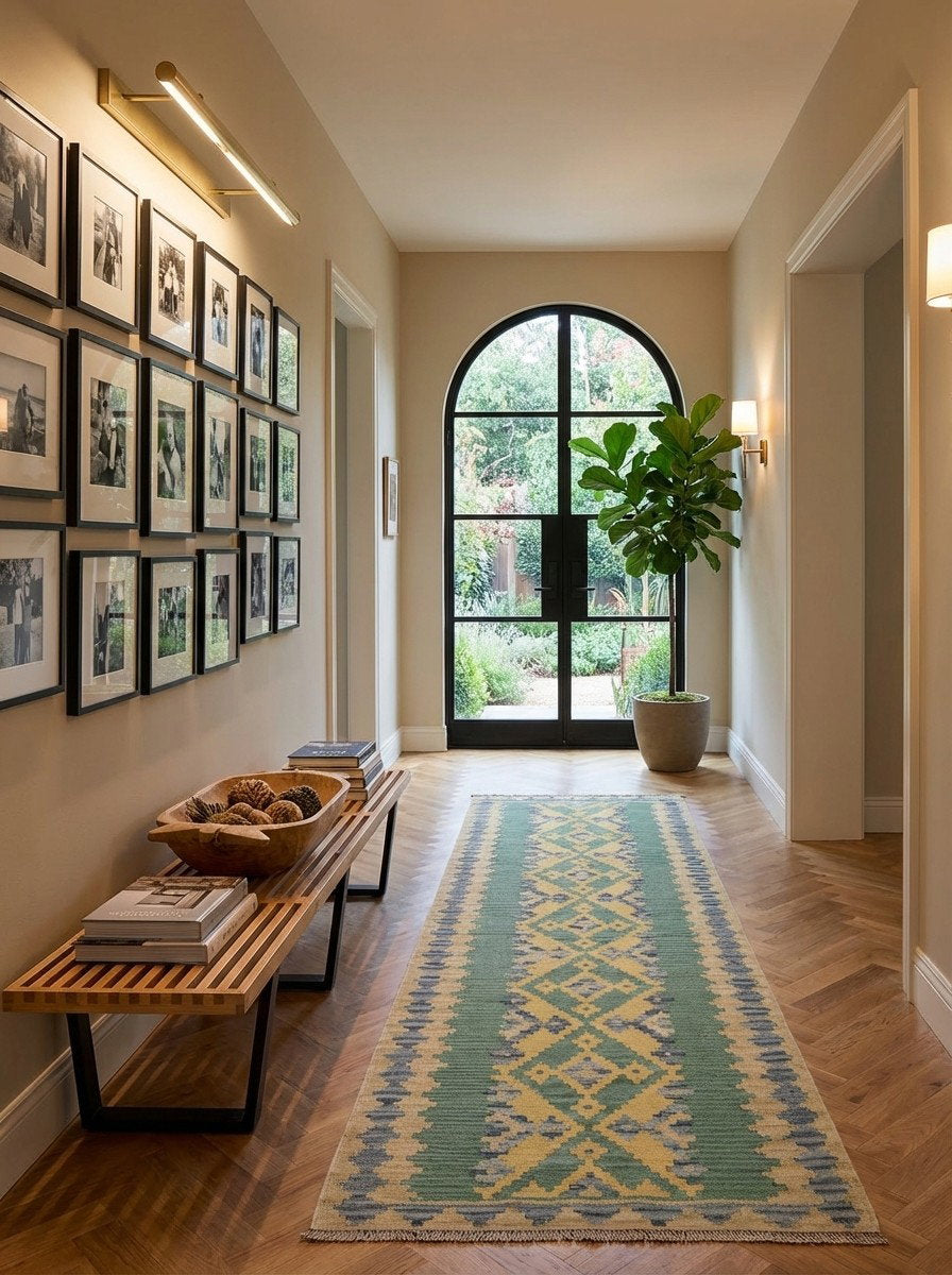 Kelim Gashgai — Handgefertigt, 252x90 cm, Beige, 100% Virgin Wool | Detail view