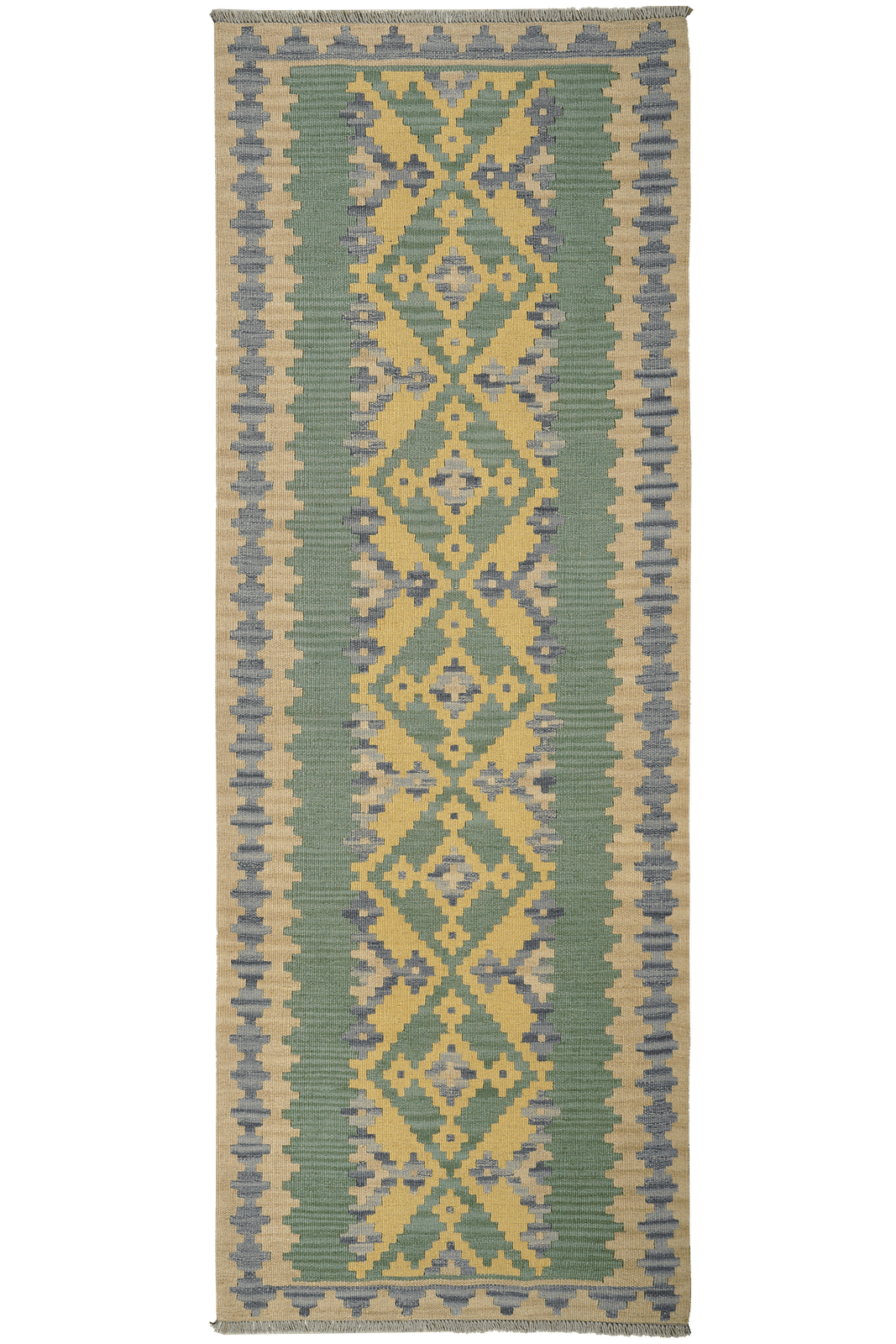 Kelim Gashgai — Handmade, 90x252 cm, Green, 100% Virgin Wool | Main view