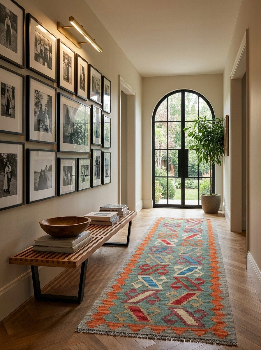 Kelim Gashgai — Handgefertigt, 201x61 cm, Orange, 100% Virgin Wool | Detail view