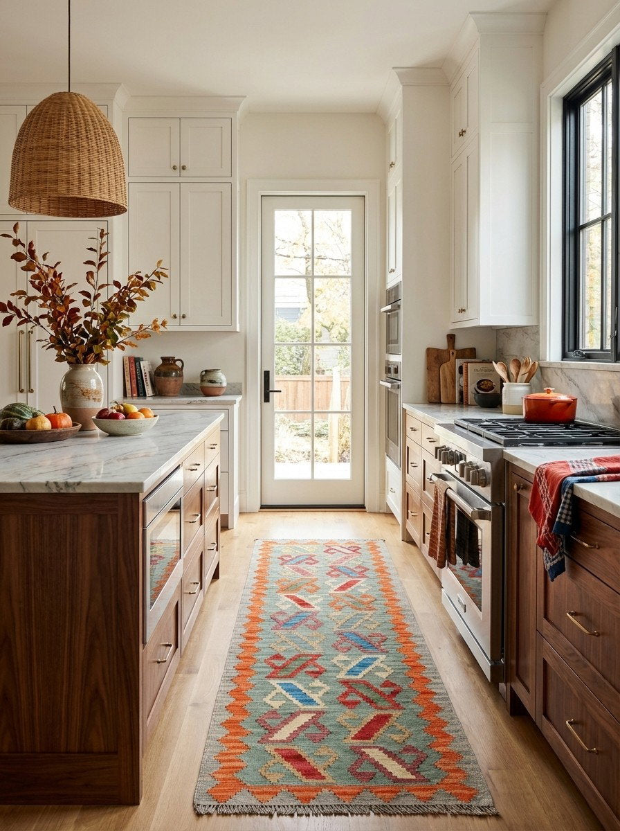 Kelim Gashgai — Handgefertigt, 201x61 cm, Orange, 100% Virgin Wool | Back view