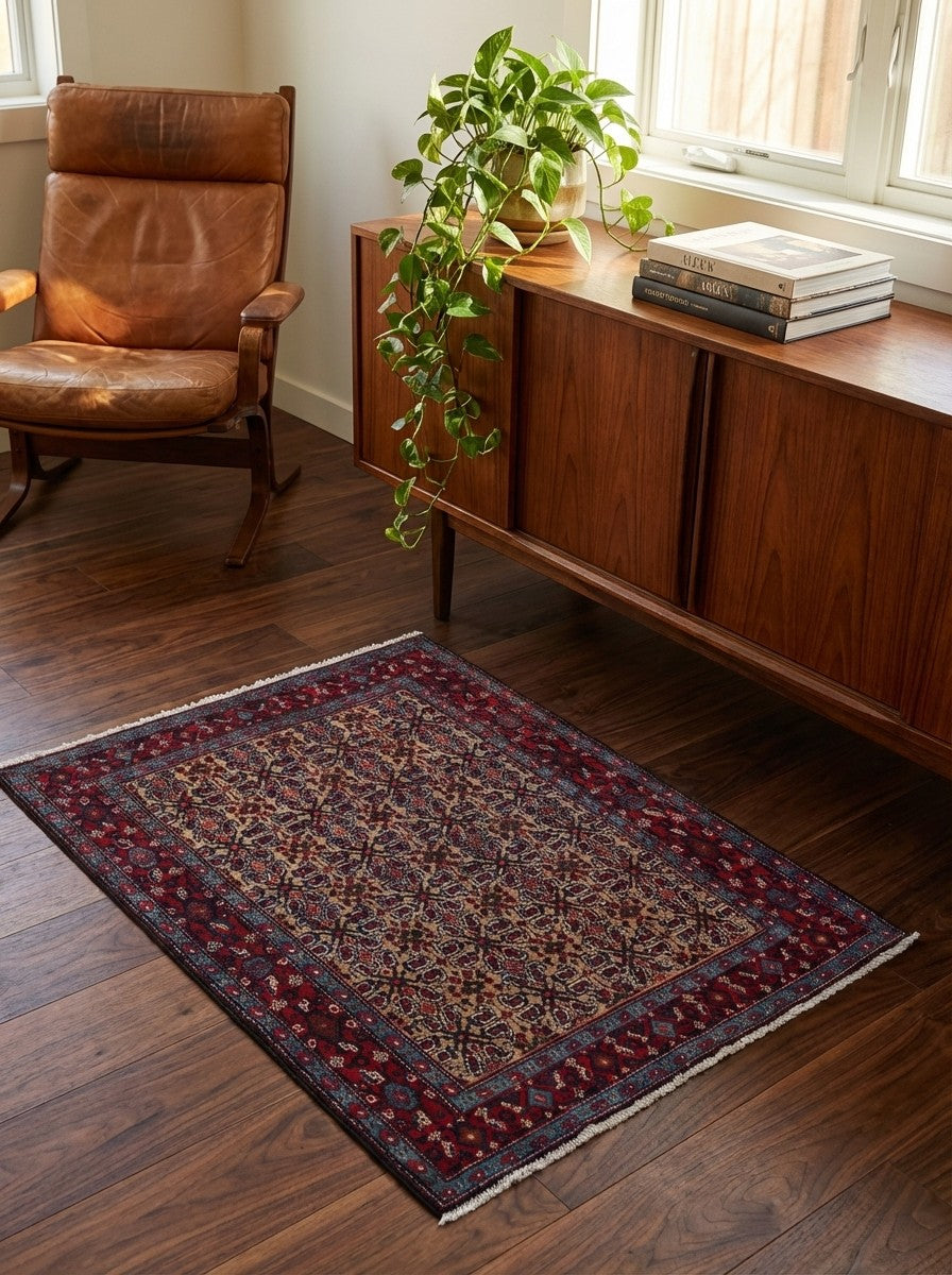 Senneh — Hand-knotted, 119x143 cm, Beige, 100% Virgin Wool | Back view