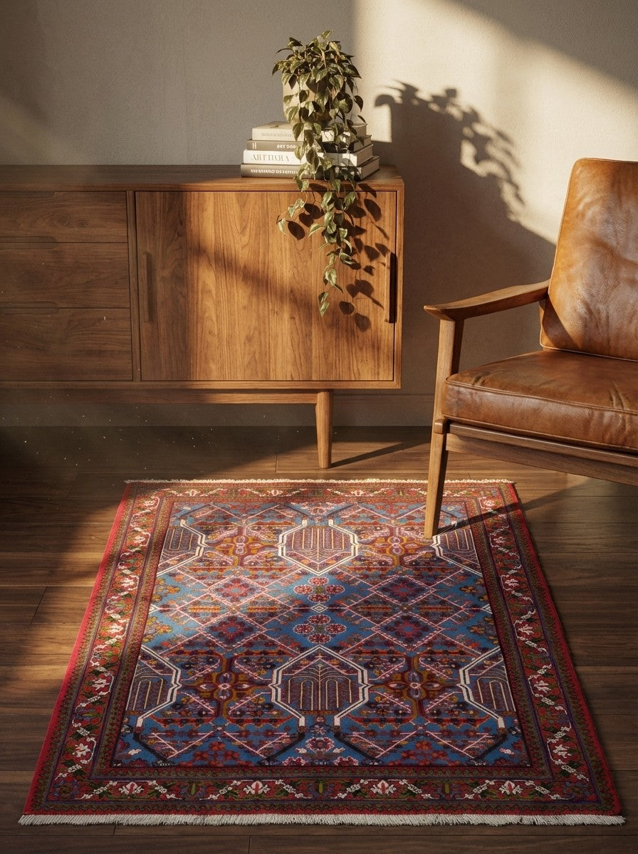 Meymeh — Hand-knotted, 110x158 cm, Blue, 100% Virgin Wool | Back view