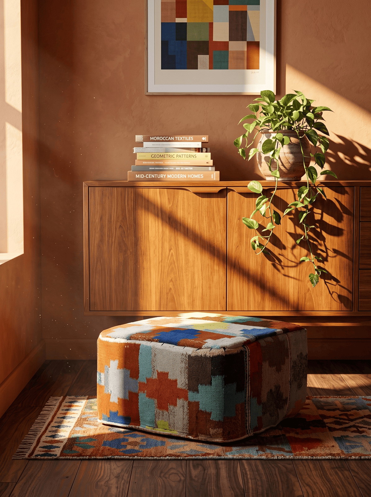Kelim Pouf — Handmade, 65x65 cm, Multicolor, 100% Virgin Wool | Back view