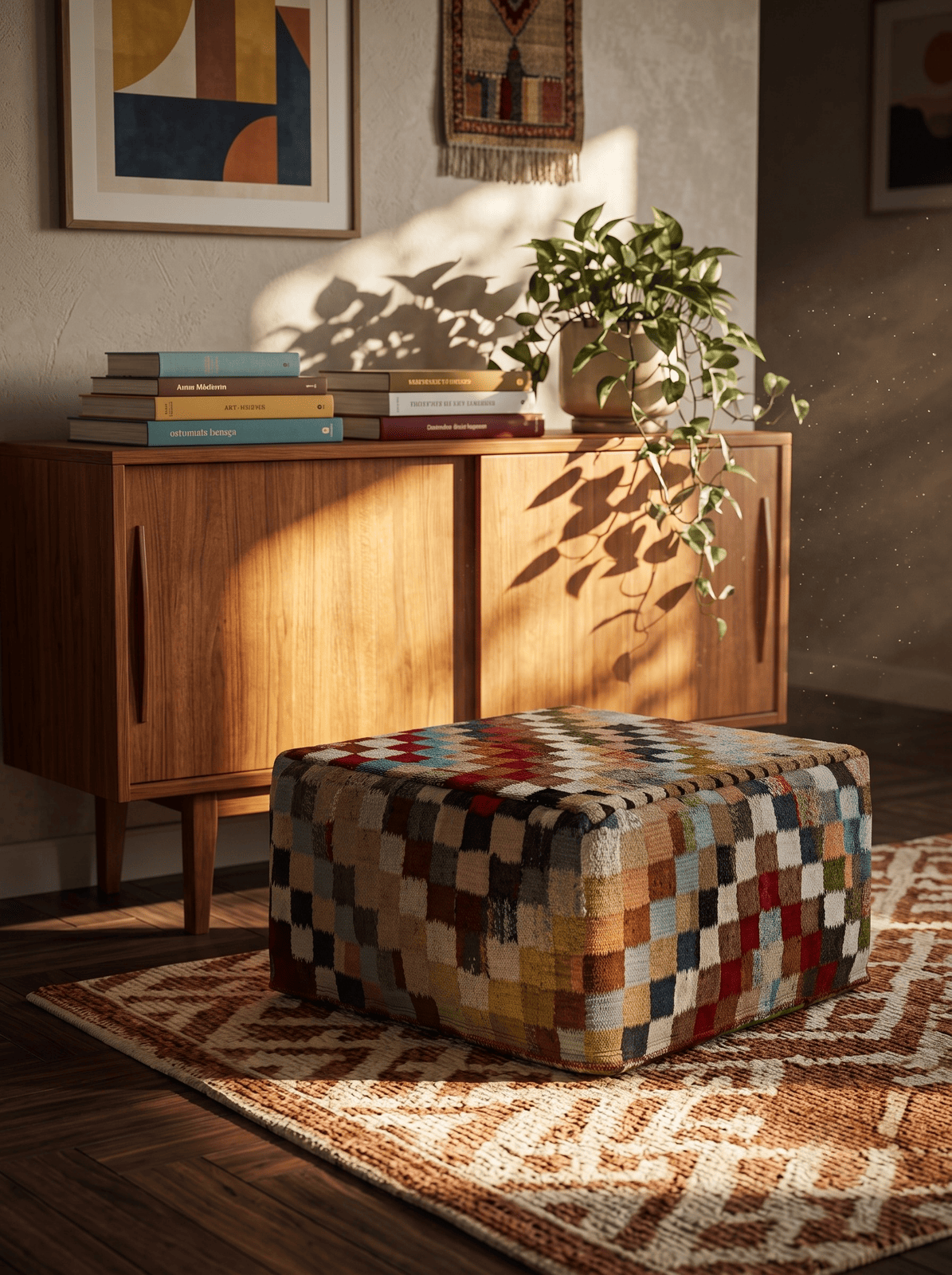 Kelim Pouf — Handmade, 65x65 cm, Multicolor, 100% Virgin Wool | Back view