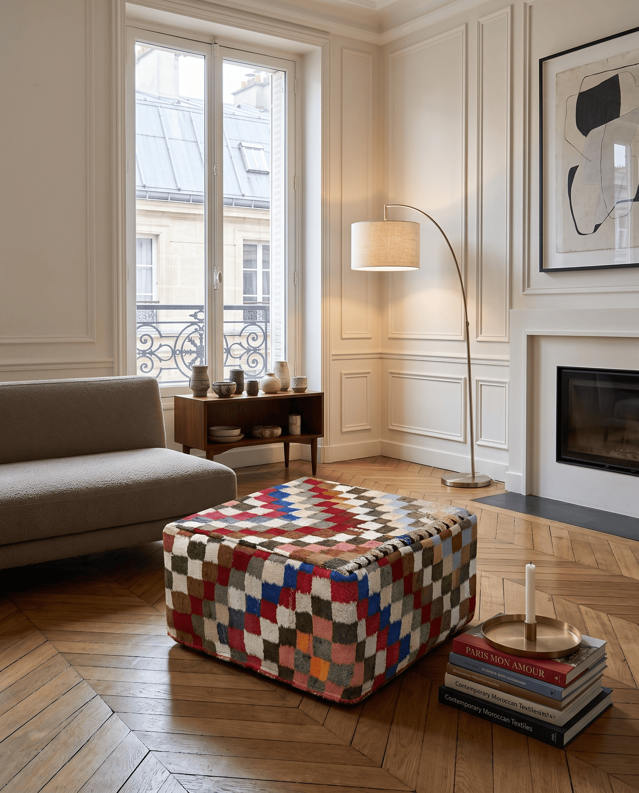 Kelim Pouf — Handmade, 65x65 cm, Multicolor, 100% Virgin Wool | Detail view