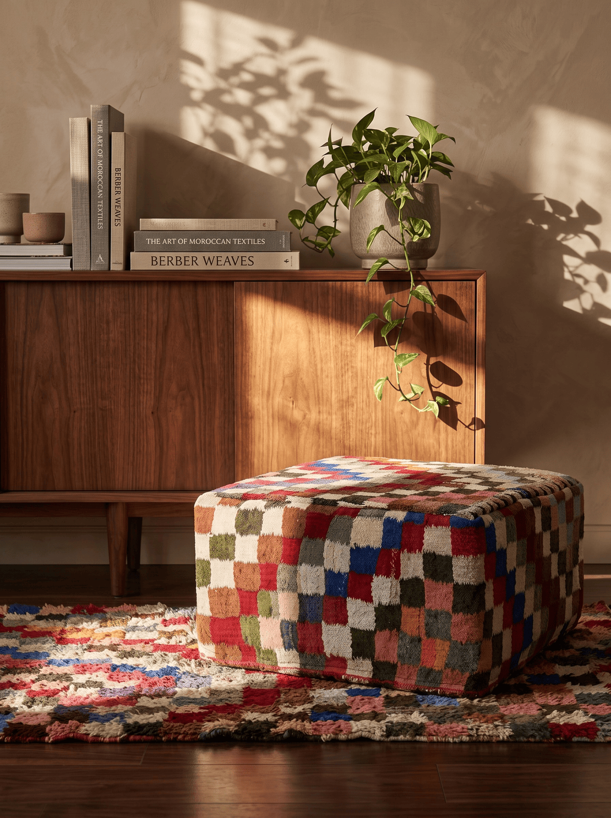 Kelim Pouf — Handmade, 65x65 cm, Multicolor, 100% Virgin Wool | Back view