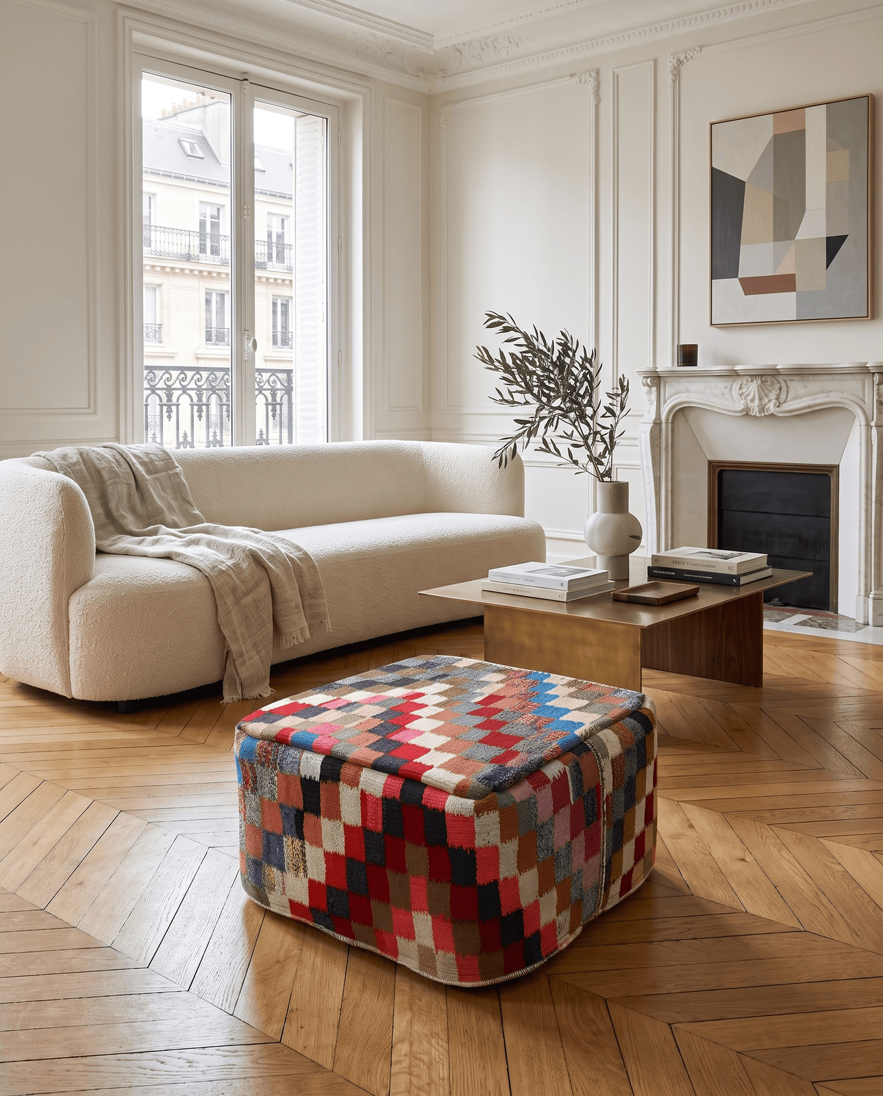 Kelim Pouf — Handmade, 65x65 cm, Multicolor, 100% Virgin Wool | Detail view