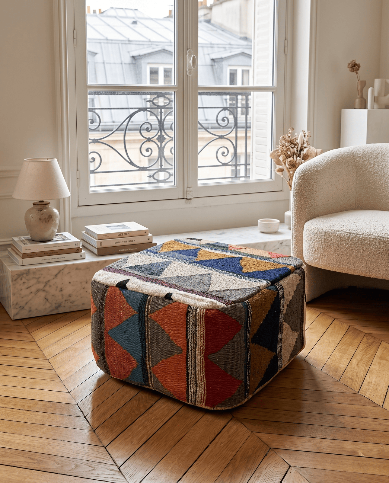 Kelim Pouf — Handmade, 65x65 cm, Multicolor, 100% Virgin Wool | Detail view