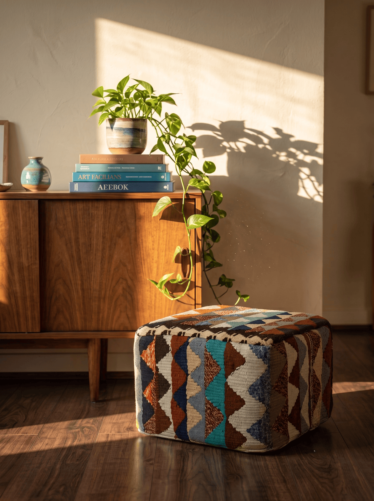 Kelim Pouf — Handmade, 55x55 cm, Multicolor, 100% Virgin Wool | Back view