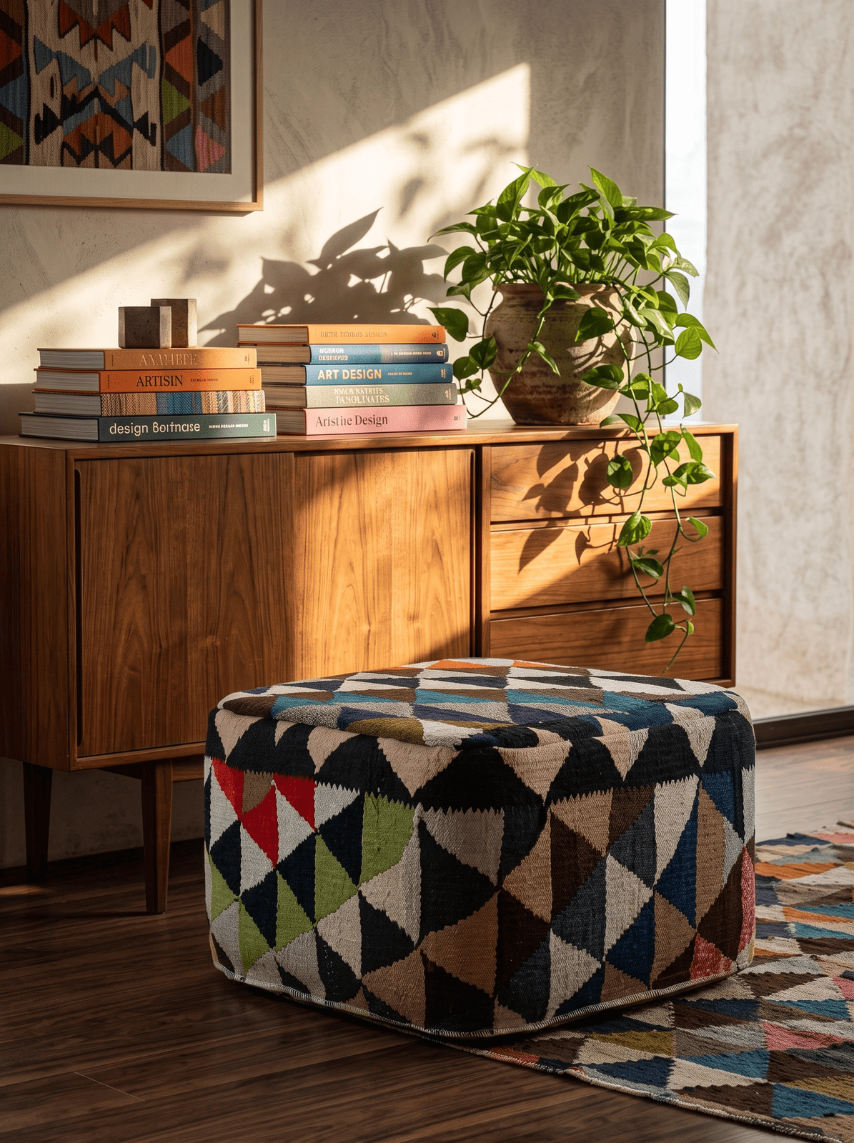 Kelim Pouf — Handmade, 55x55 cm, Multicolor, 100% Virgin Wool | Back view