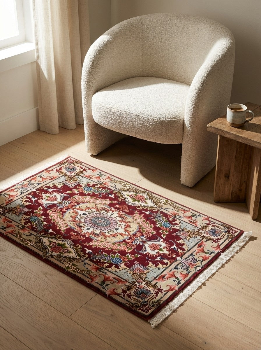 Tabriz 50 Raj — Hand-knotted, 63x95 cm, Red, 90% Schurwolle, 10% Seide | Detail view