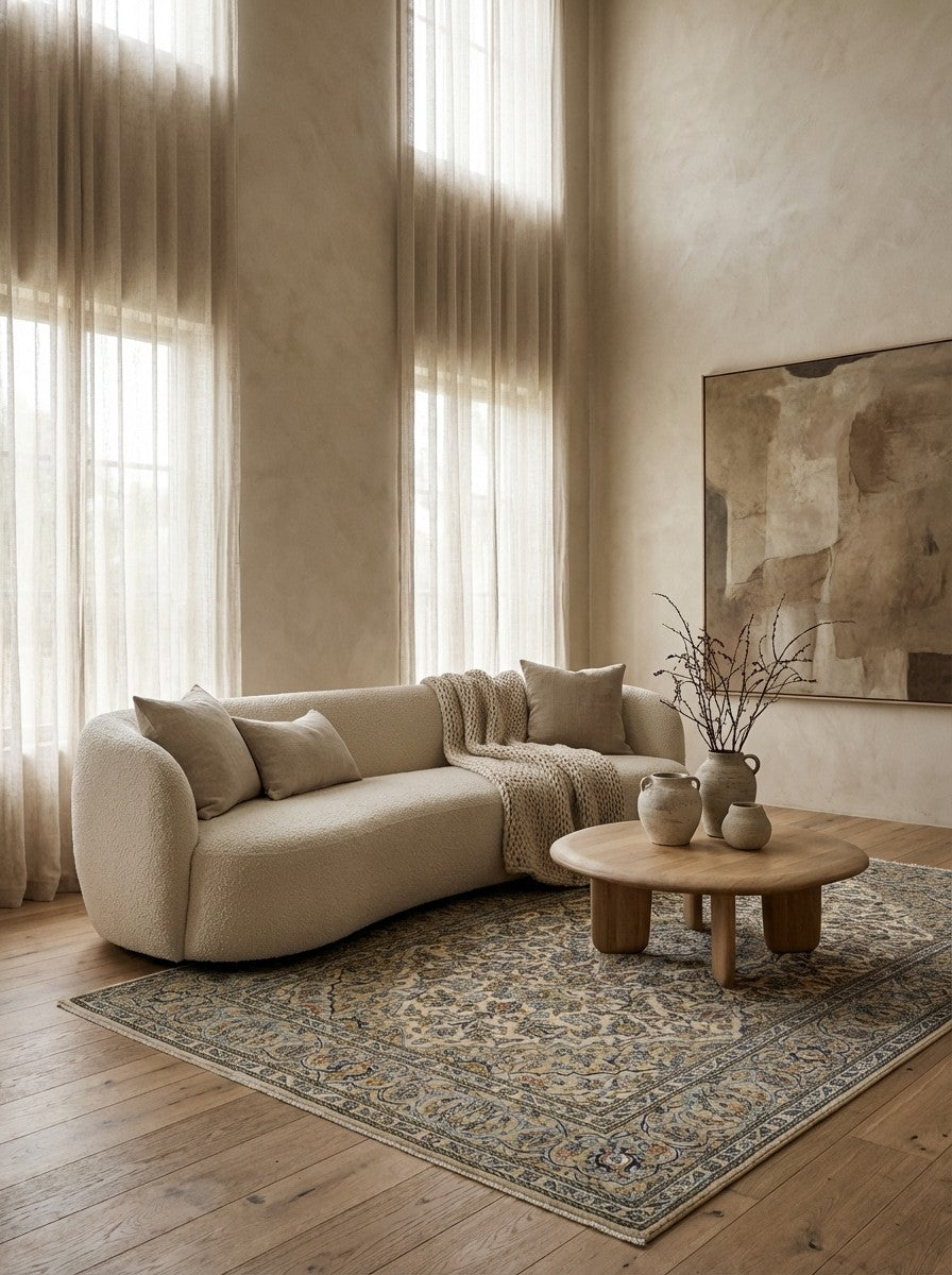Kashan — Hand-knotted, 139x227 cm, Beige, 100% Virgin Wool | Detail view
