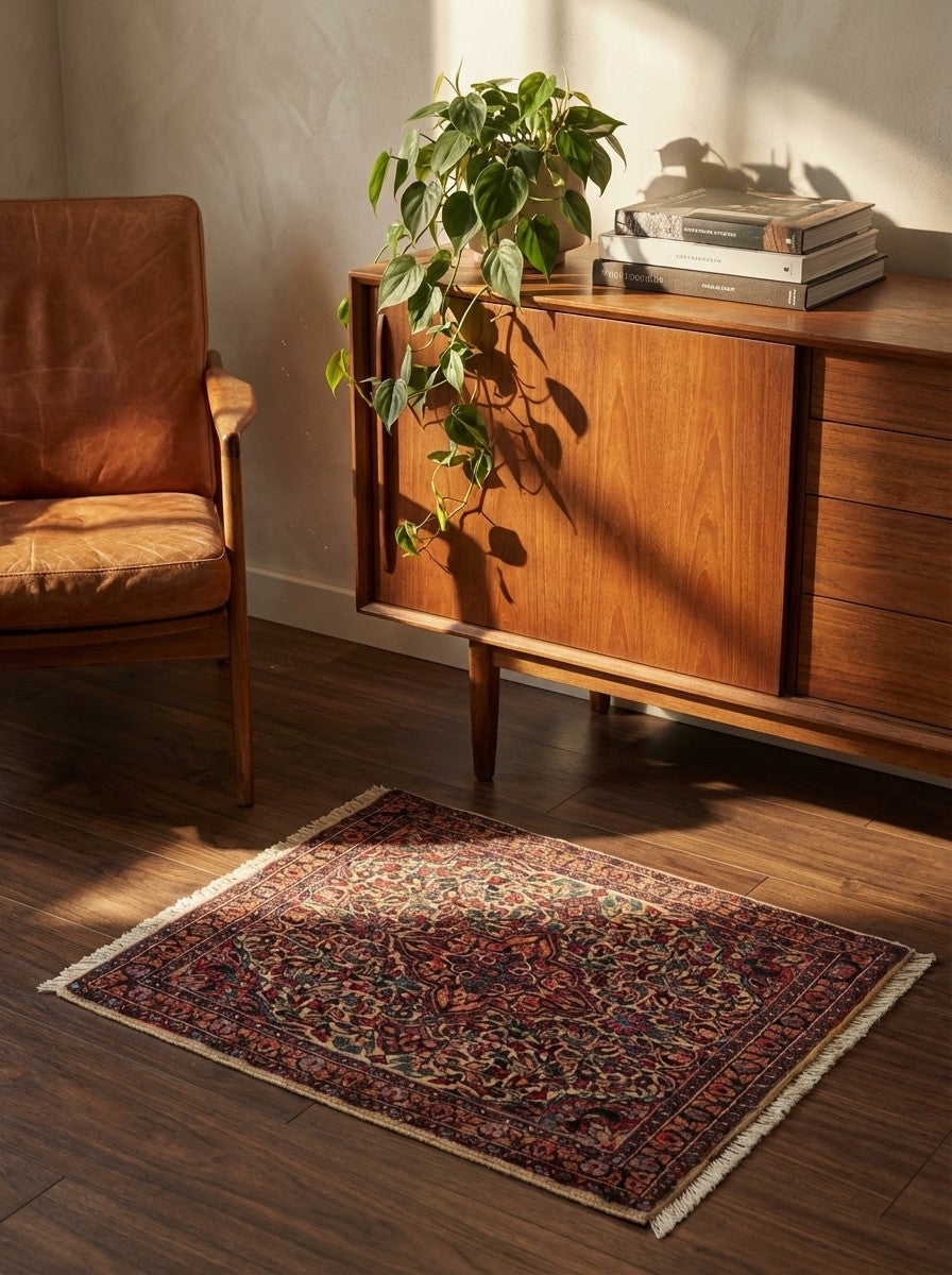 Sarough — Hand-knotted, 92x77 cm, Beige, 100% Virgin Wool | Back view