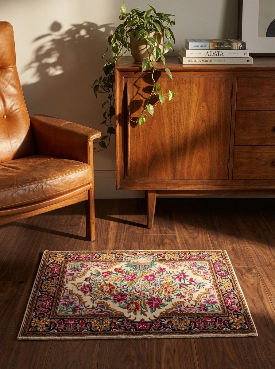 Kirman — Hand-knotted, 89x59 cm, Beige, 100% Virgin Wool | Back view