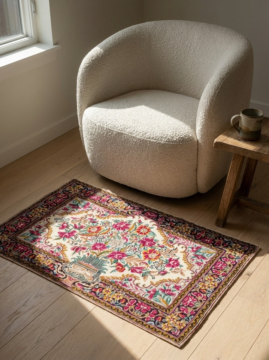 Kirman — Hand-knotted, 90x57 cm, Beige, 100% Virgin Wool | Detail view