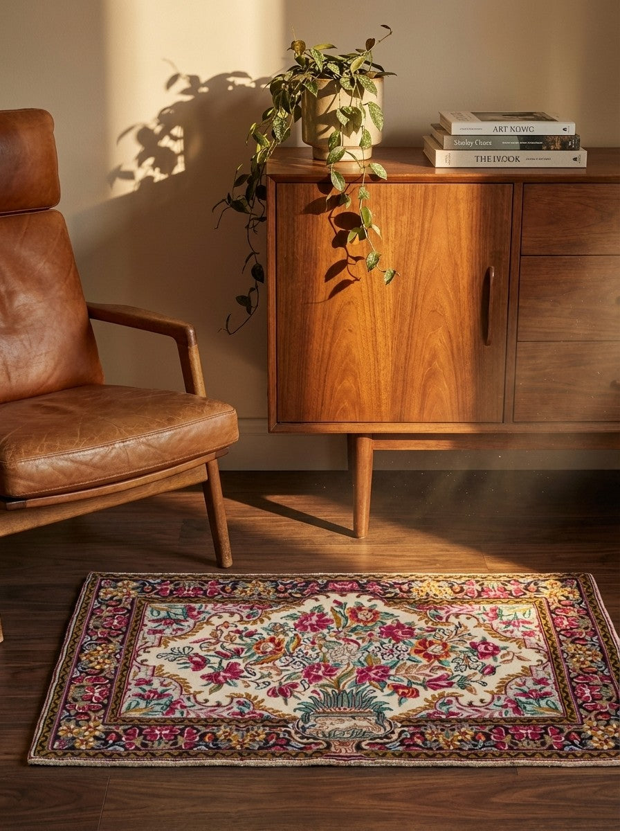 Kirman — Hand-knotted, 90x57 cm, Beige, 100% Virgin Wool | Back view