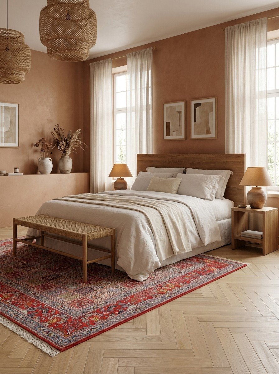 Moud Felder — Handgefertigt, 297x242 cm, Rot, 100% Virgin Wool | Detail view