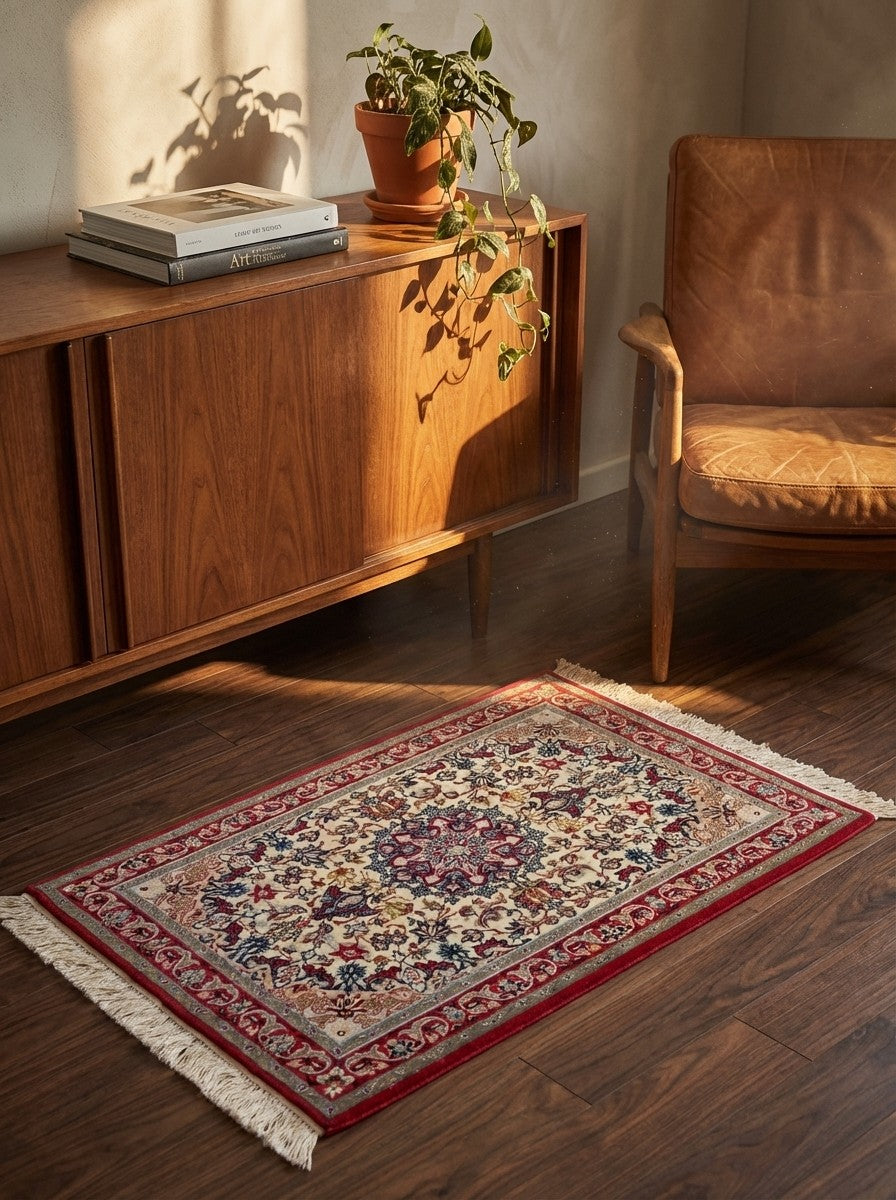 Isfahan — Hand-knotted, 73x111 cm, Beige, 90% Schurwolle, 10% Seide | Back view
