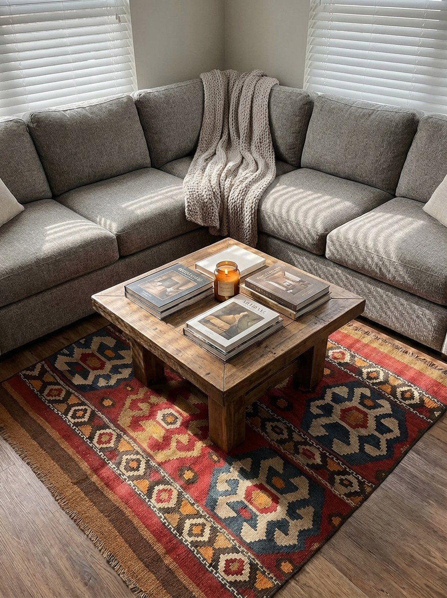 Kelim — Handgefertigt, 95x90 cm, Bunt, 100% Virgin Wool | Back view