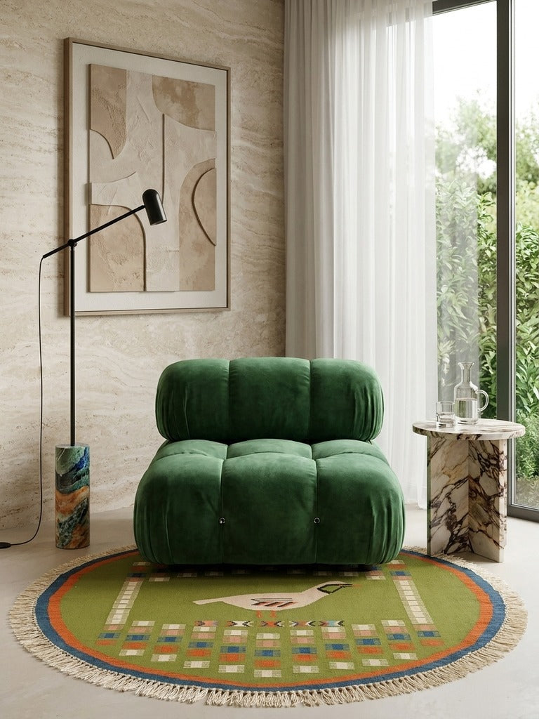 Kelim — Handmade, 120x120 cm, Green, 100% Virgin Wool | Detail view