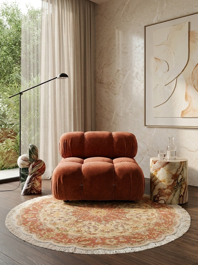 Tabriz Round — Hand-knotted, 100x100 cm, Beige, 70% Schurwolle, 30% Seide | Detail view