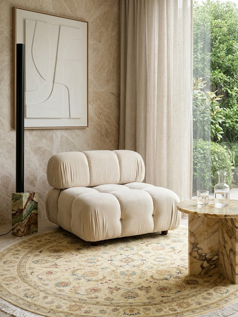 Tabriz Round — Hand-knotted, 150x150 cm, Yellow, 70% Schurwolle, 30% Seide | Detail view