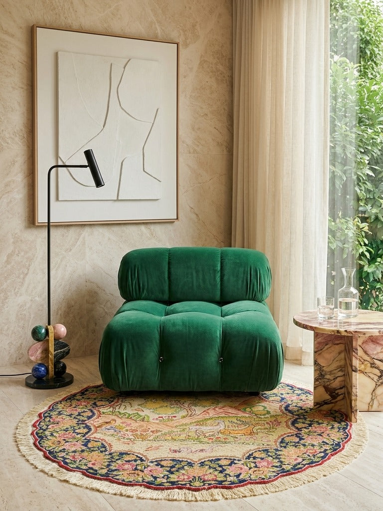 Tabriz Round — Hand-knotted, 100x100 cm, Beige, 100% Virgin Wool | Detail view