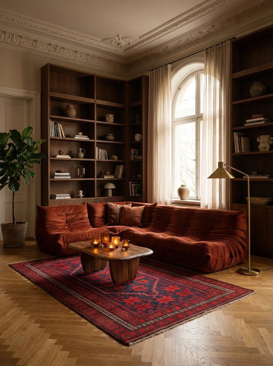 Yagdjibedir — Handgefertigt, 184x109 cm, Rot, 100% Virgin Wool | Back view