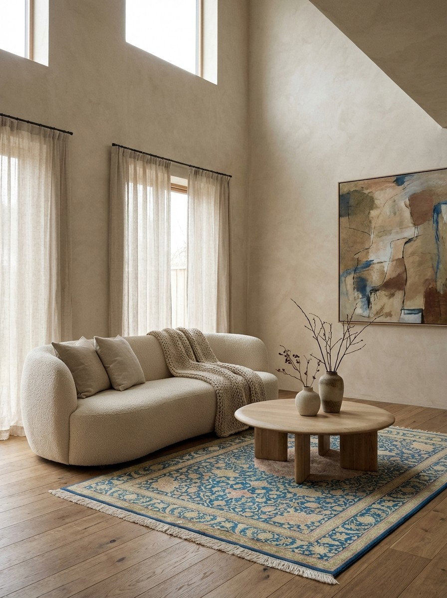 Ghoum Seide — Handgefertigt, 195x137 cm, Blau, 100% Seide | Detail view