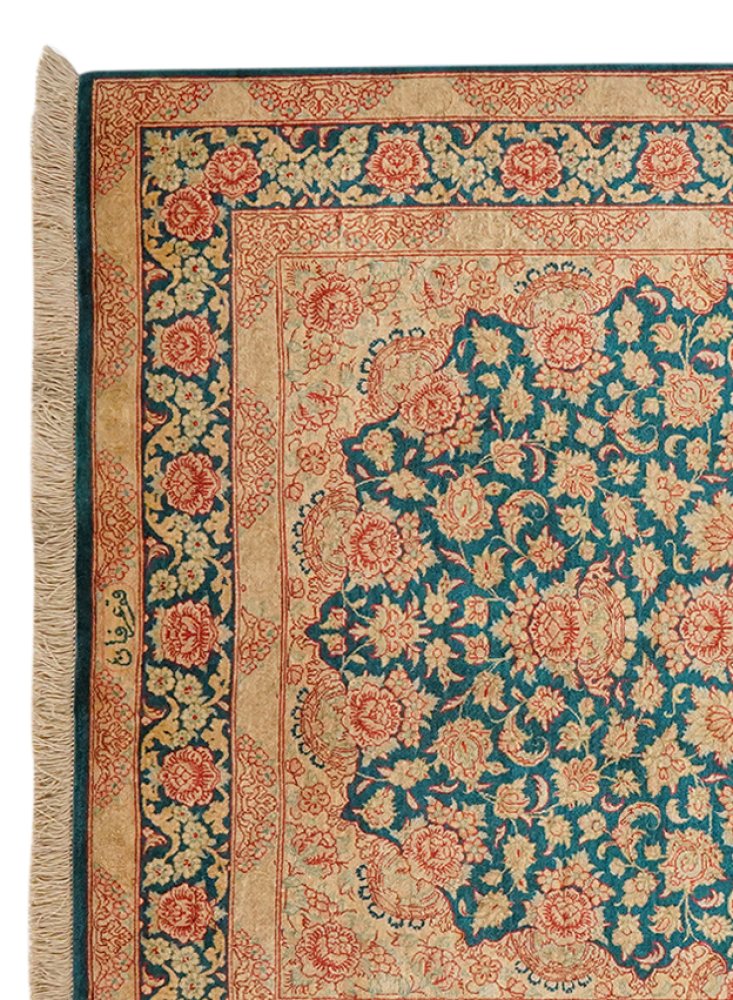 Ghoum Seide — Hand-knotted, 100x151 cm, Green, 100% Silk | View 3