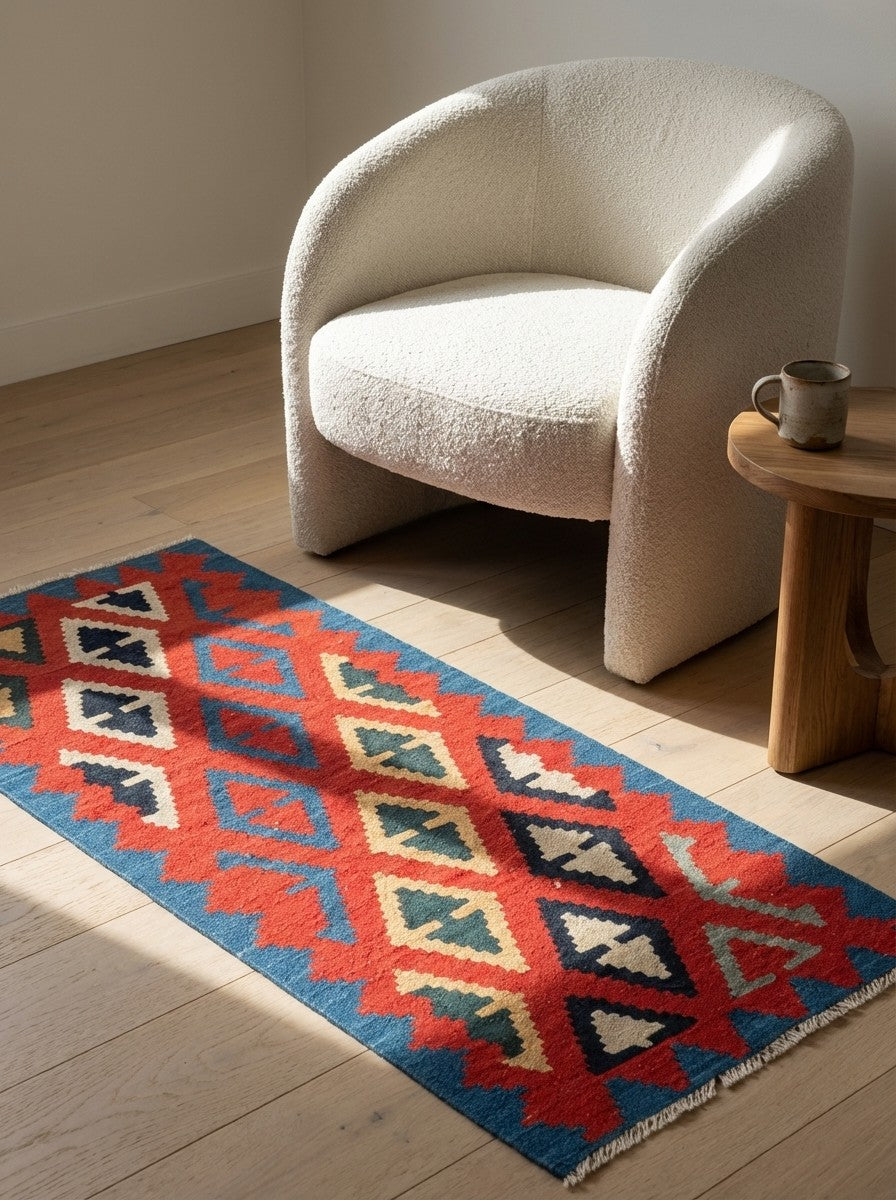 Kelim Gashgai — Handmade, 52x126 cm, Red, 100% Virgin Wool | Detail view