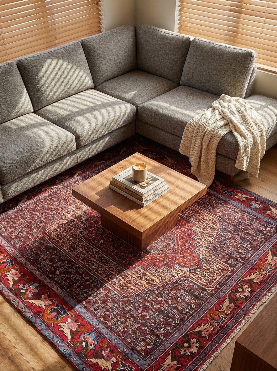 Senneh — Hand-knotted, 122x130 cm, Beige, 100% Virgin Wool | Back view