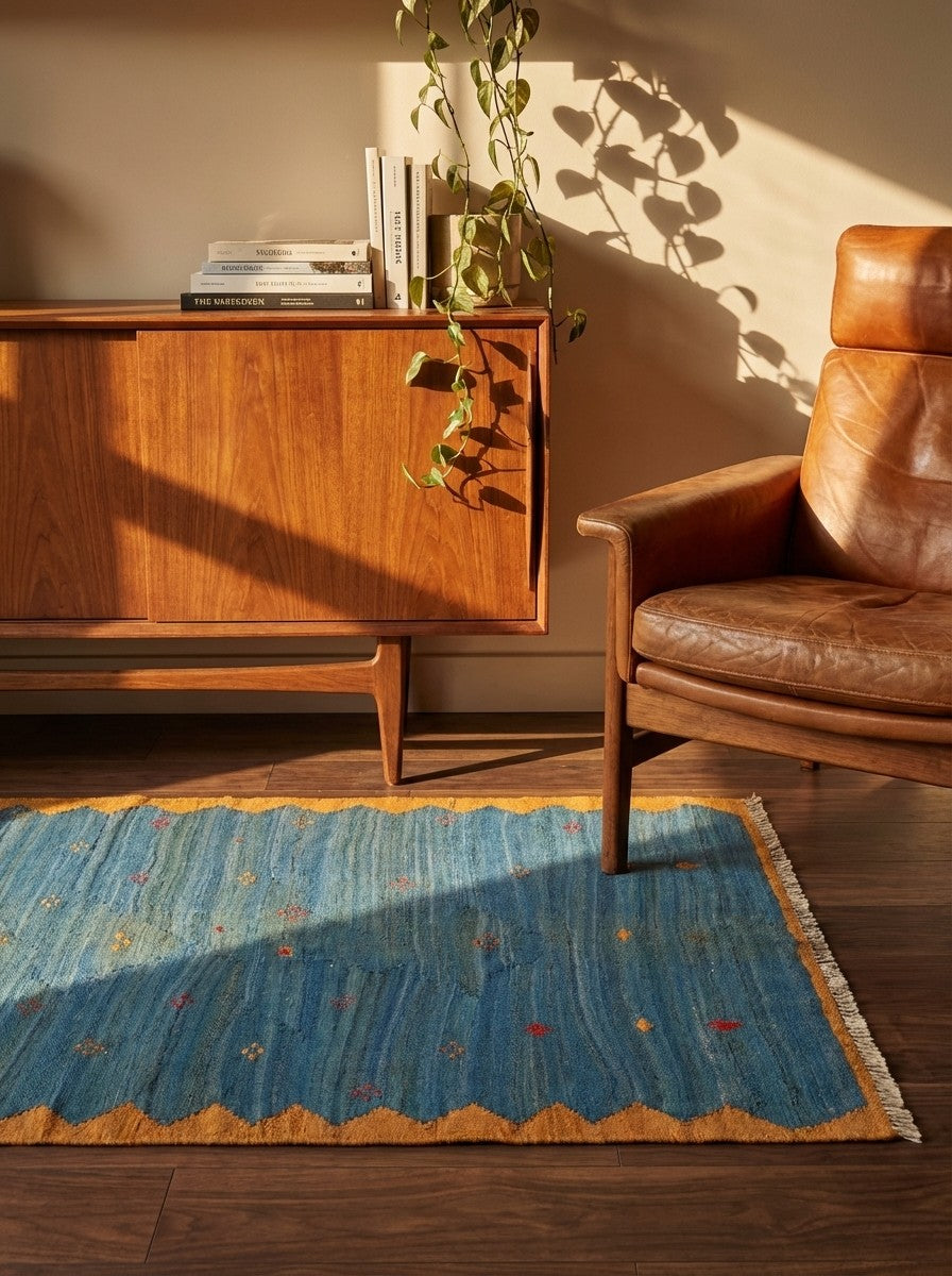 Kelim Gashgai — Handmade, 97x205 cm, Blue, 100% Virgin Wool | Back view