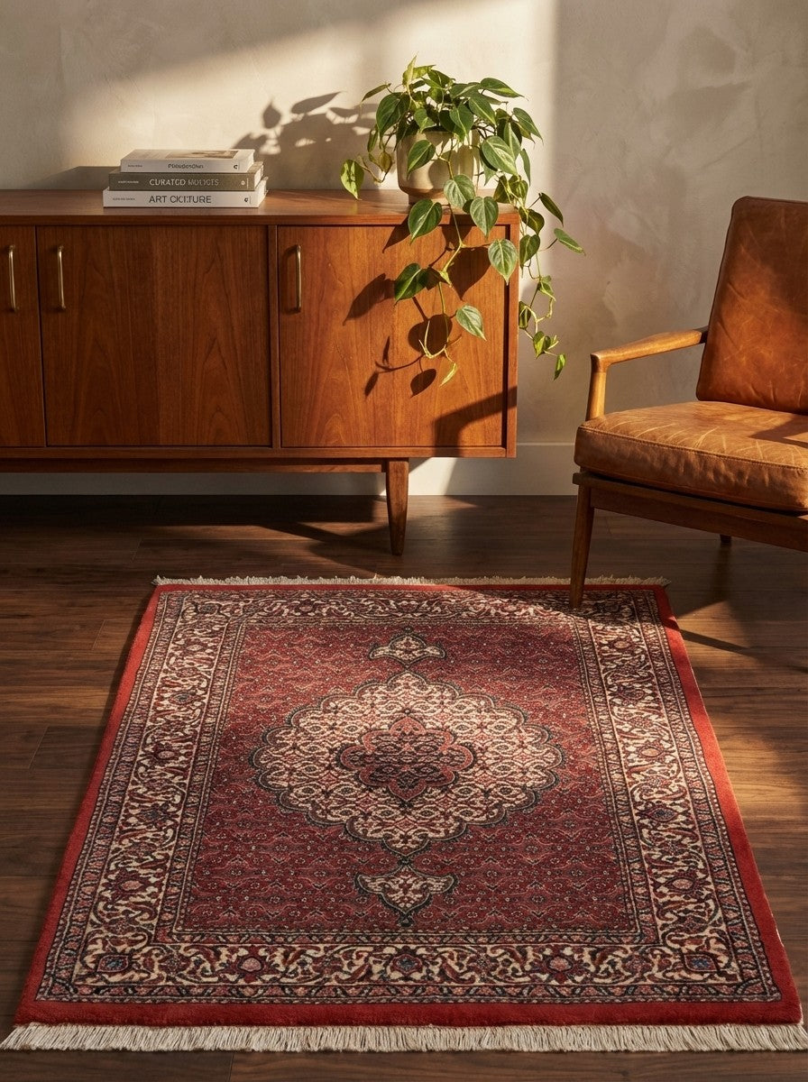 Bidjar Bookan — Hand-knotted, 85x131 cm, Red, 95% Schurwolle, 5% Seide | Back view