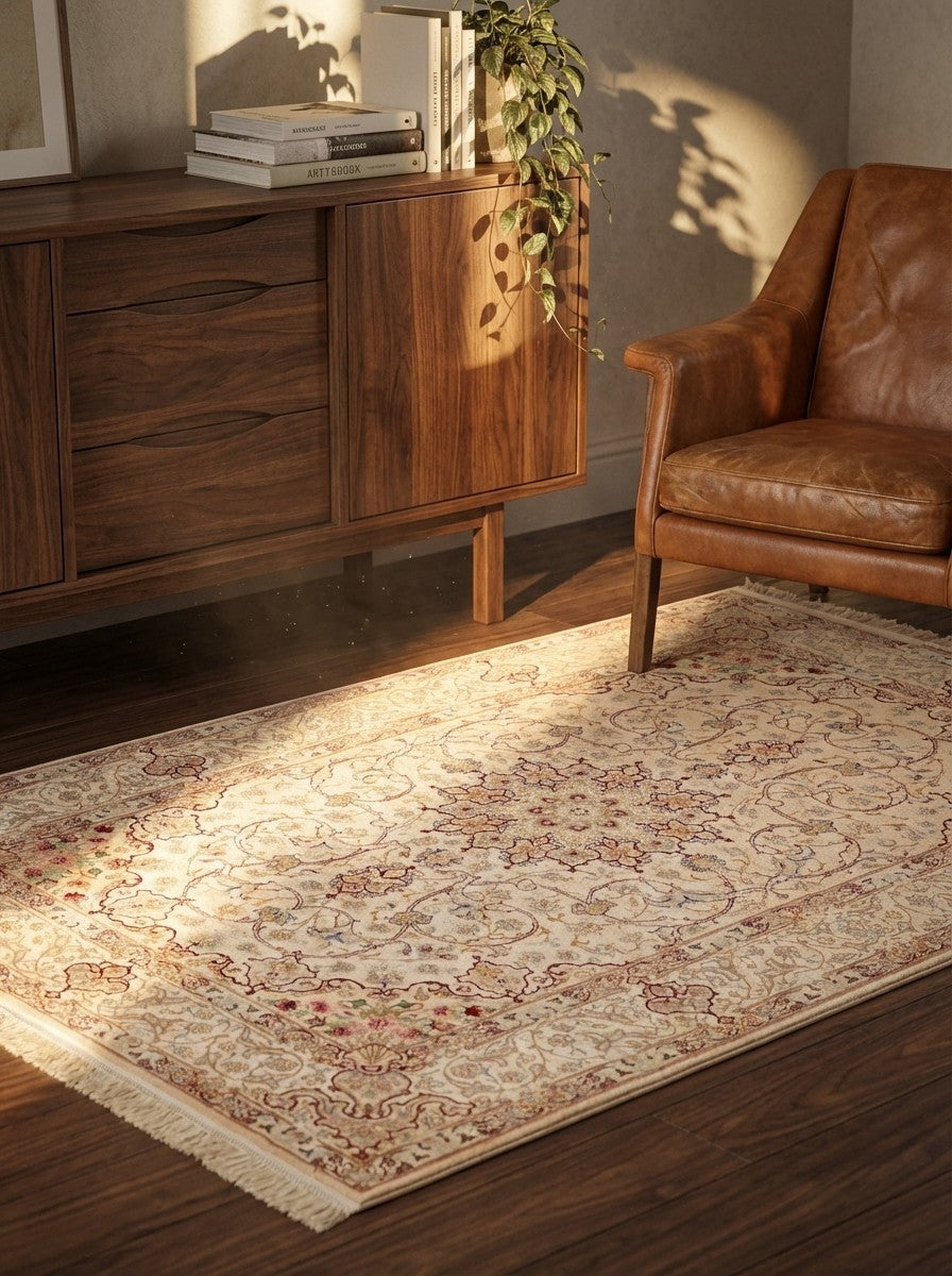 Isfahan — Hand-knotted, 107x167 cm, Beige, 90% Seide, 10% Schurwolle | Back view
