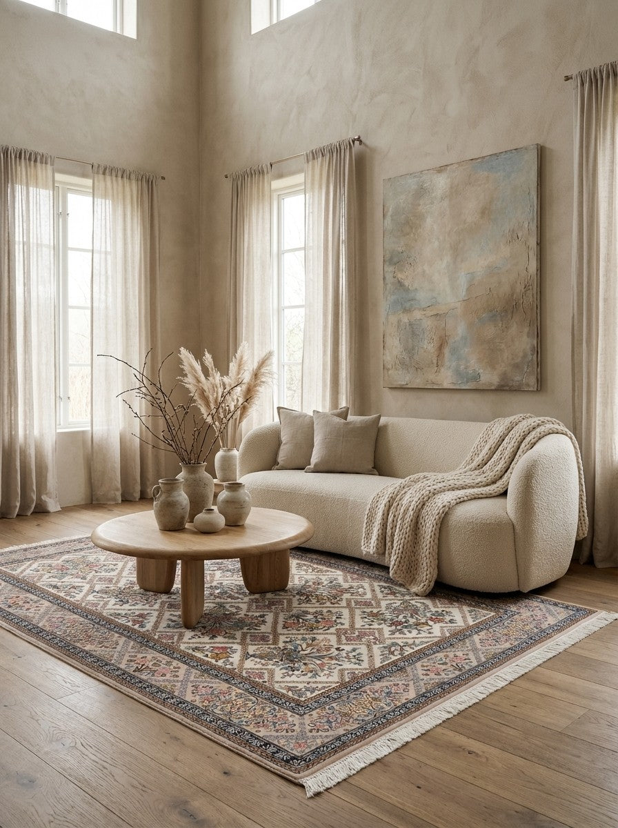 Isfahan — Hand-knotted, 130x203 cm, Beige, 90% Schurwolle, 10% Seide | Detail view